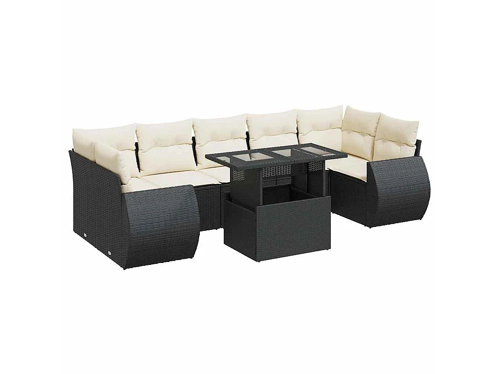 8-delige Loungeset met kussens poly rattan zwart