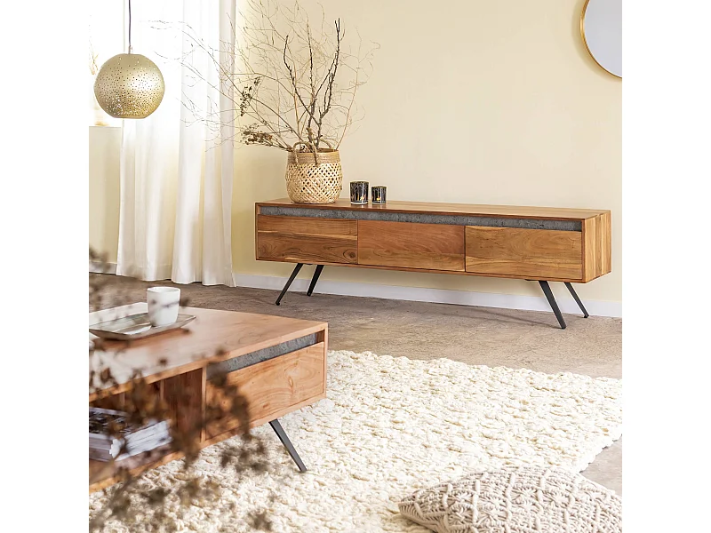 Meuble TV en bois d'acacia et pierre Yvan