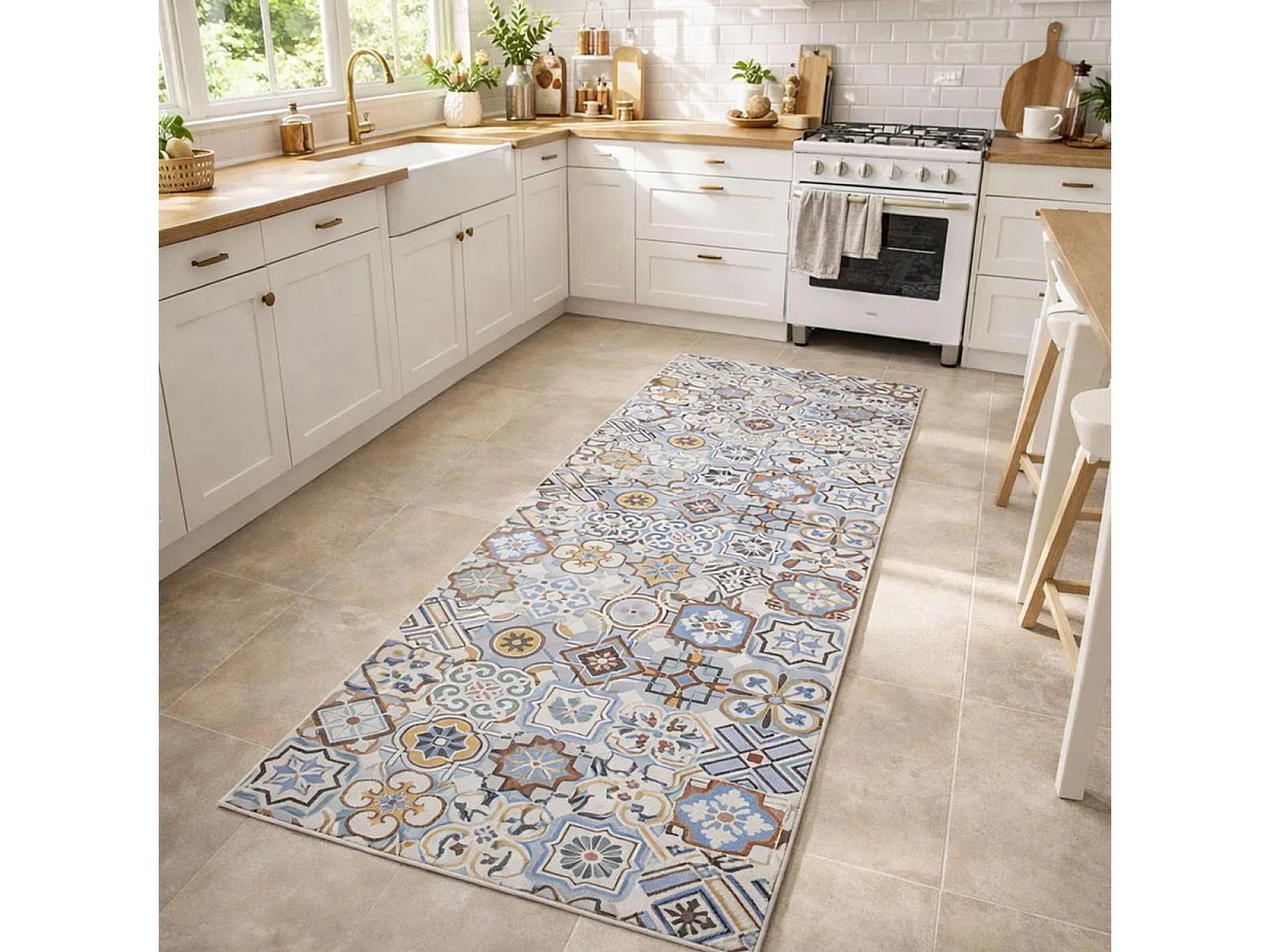 Tappeto da cucina 120x170 in PVC disegno geometrico blu e grigio PKIT