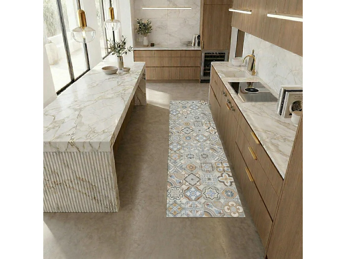 Tappeto da cucina 120x170 in PVC disegno geometrico blu e grigio PKIT