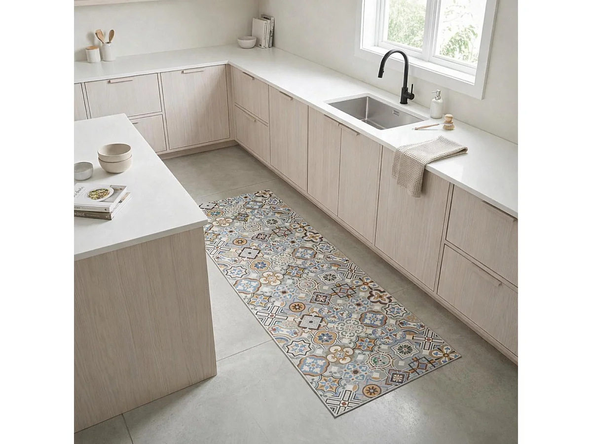 Tappeto da cucina 120x170 in PVC disegno geometrico blu e grigio PKIT