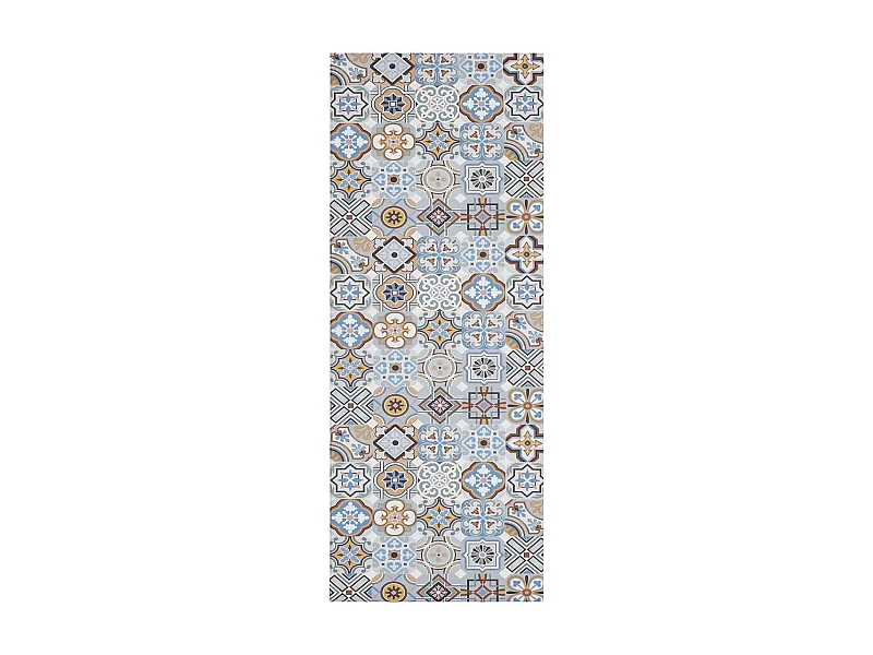 tapis cuisine 120x170 en PVC bleu et gris motif géométrique PKIT