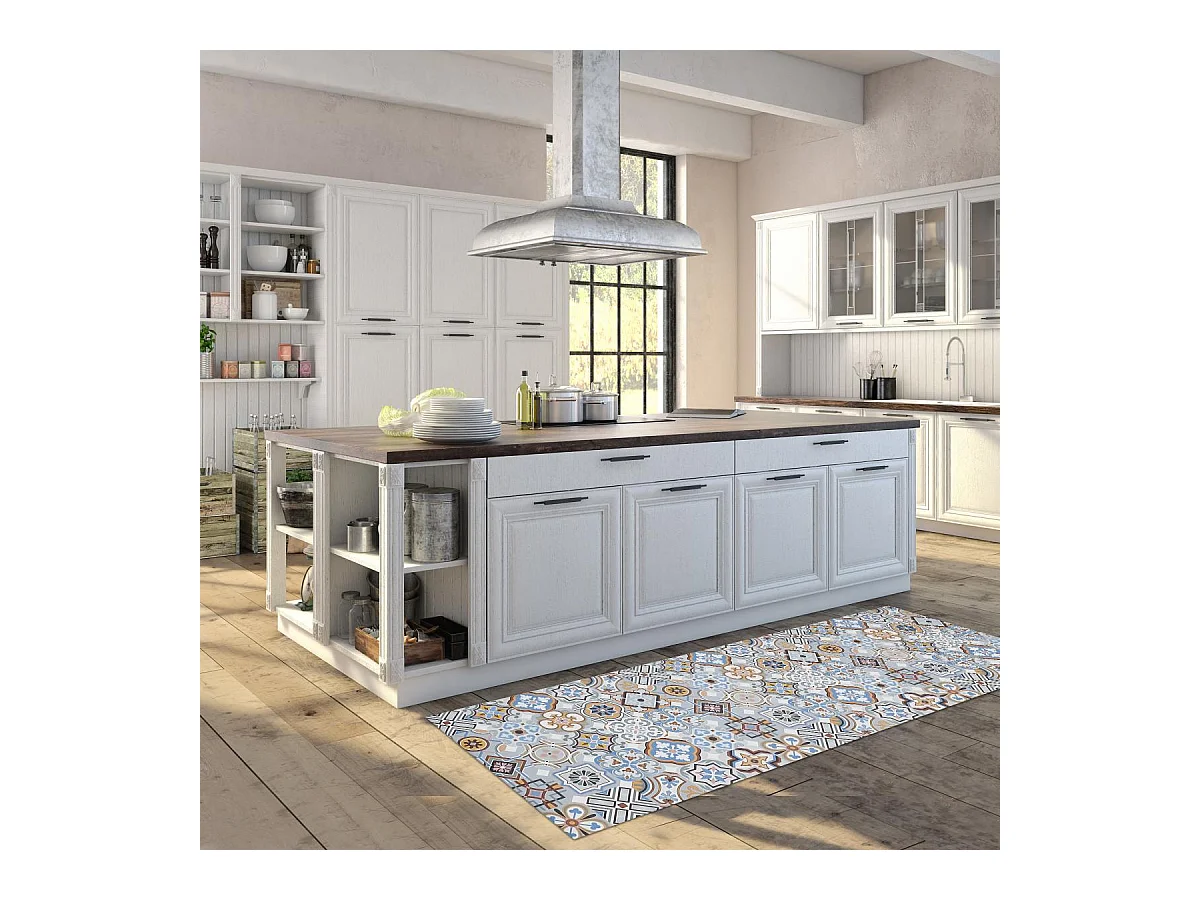tapis cuisine 50x150 en PVC bleu et gris motif géométrique PKIT