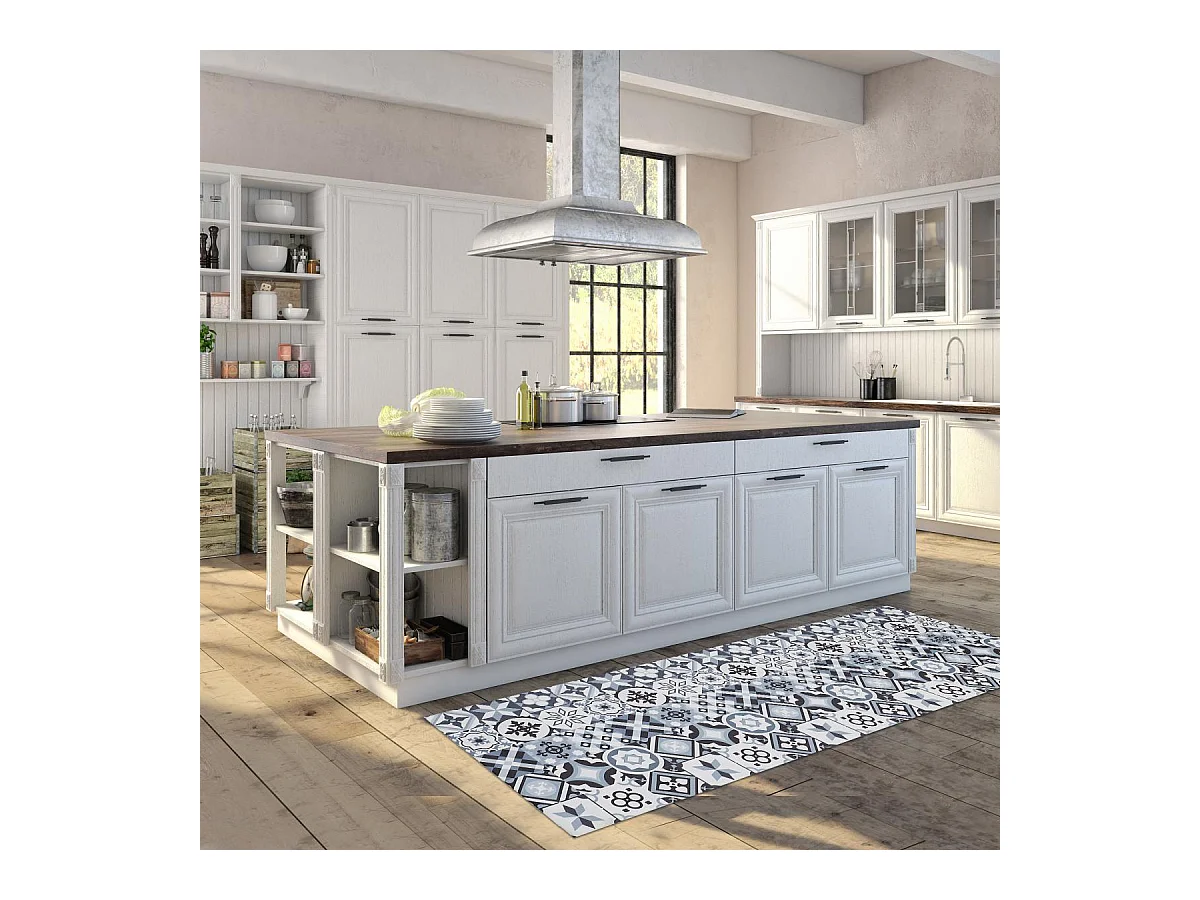 tapis cuisine 70x200 en PVC gris et noir motif géométrique PKIT