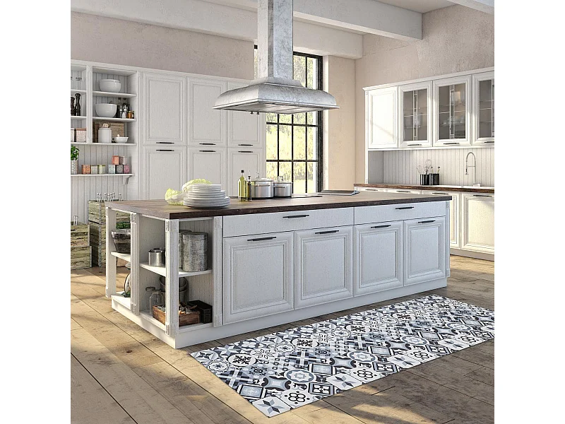 tapis cuisine 70x200 en PVC gris et noir motif géométrique PKIT