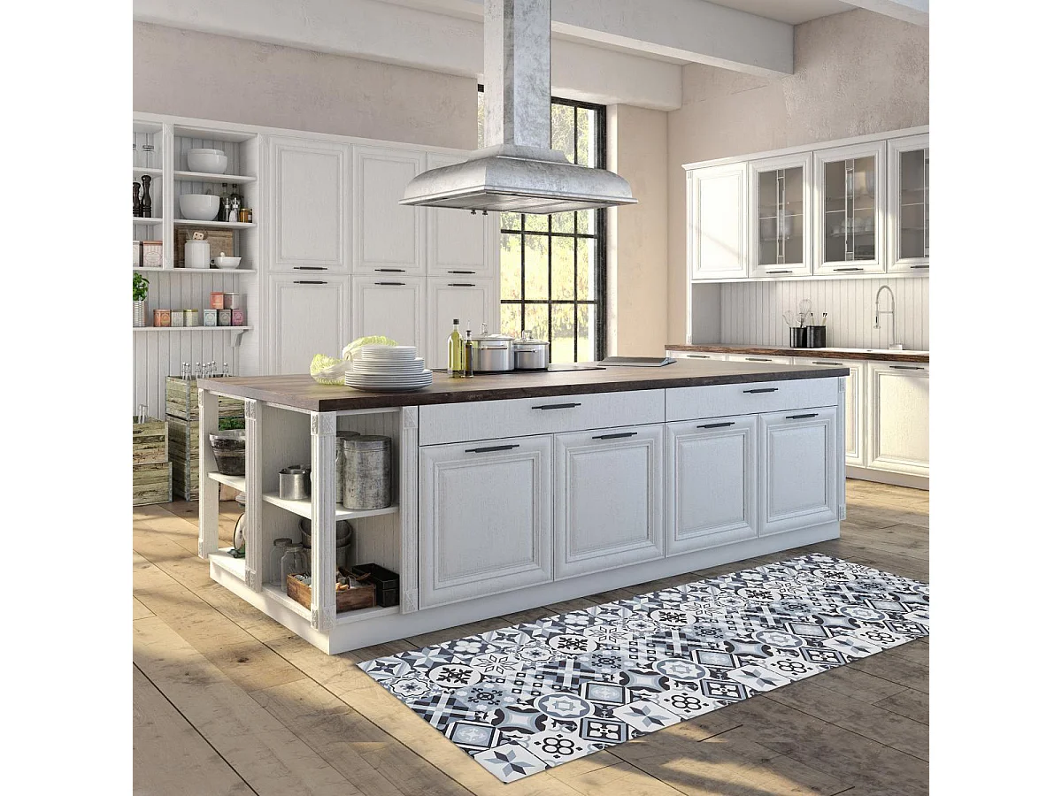 tapis cuisine 120x170 en PVC gris et noir motif floral PVC KIT