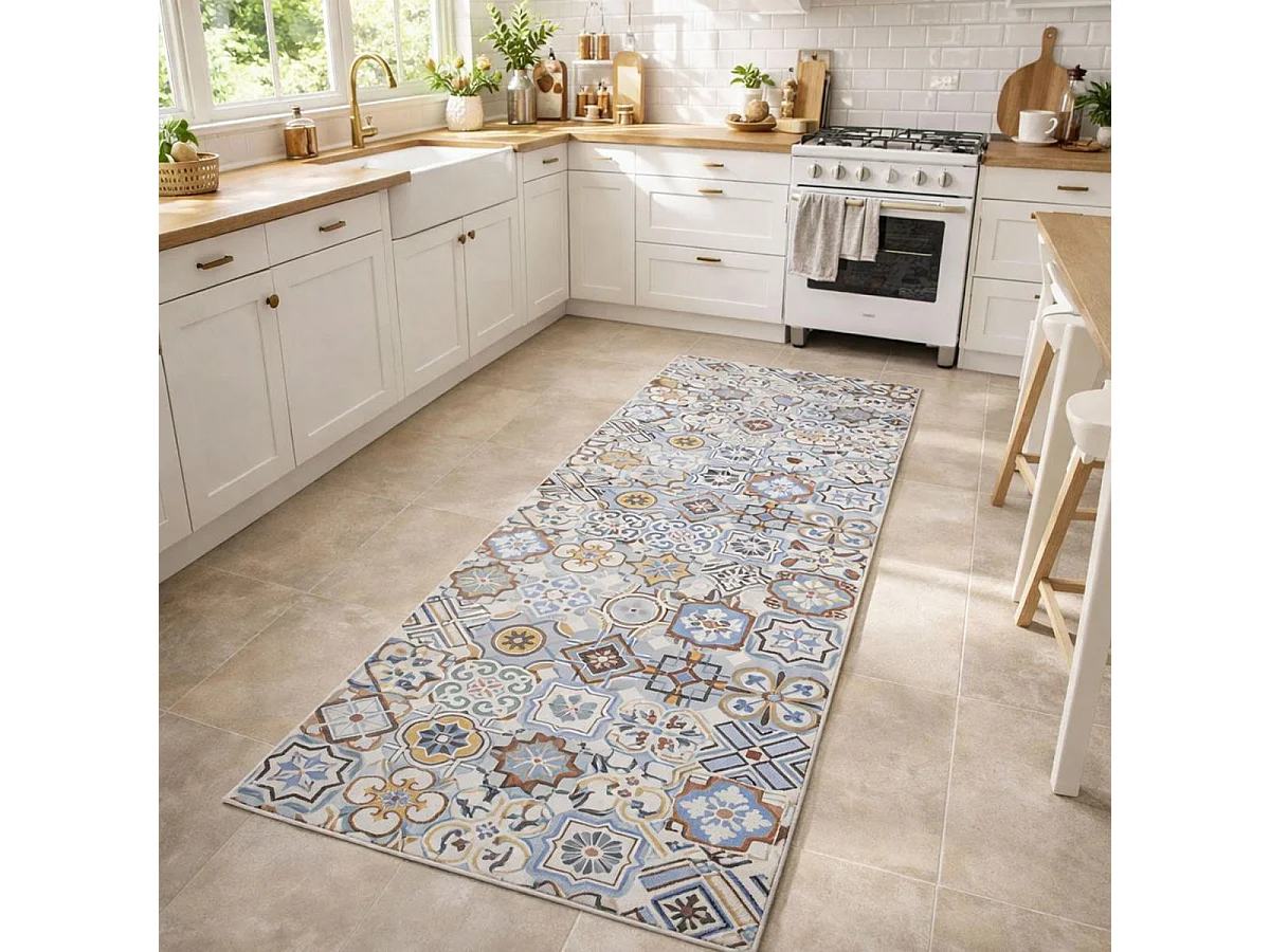 tapis cuisine 70x200 en PVC bleu et gris motif géométrique PKIT