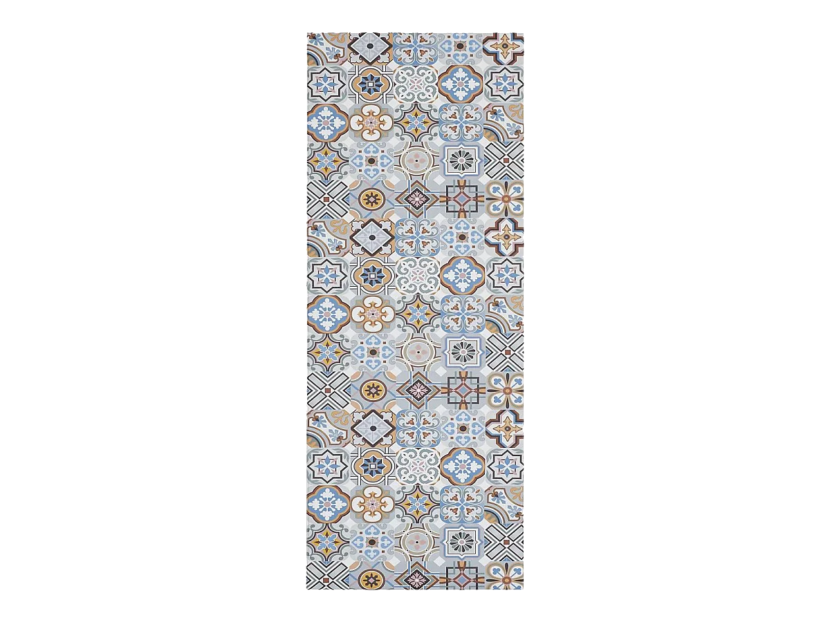 tapis cuisine 70x200 en PVC bleu et gris motif géométrique PKIT