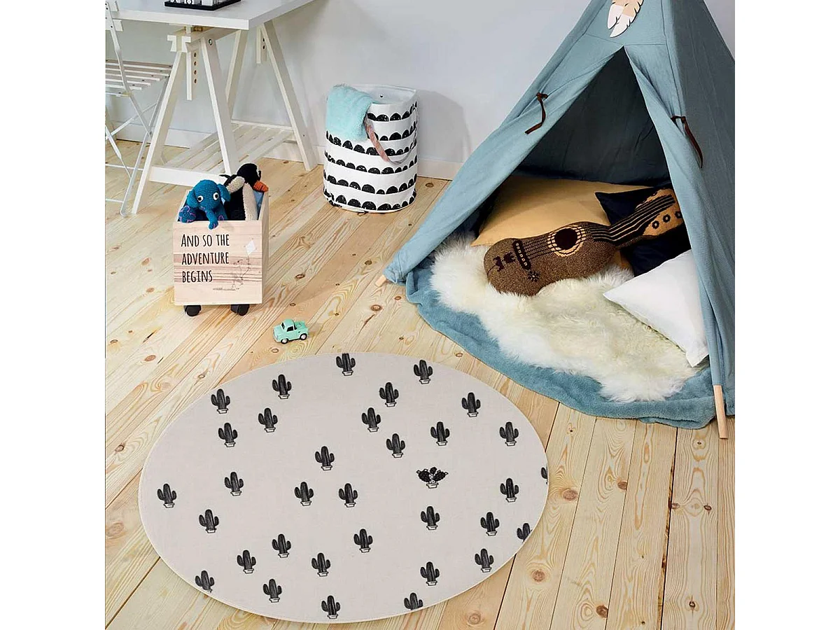 Tapis enfant Ø90cm rond tissé blanc PRICKLY