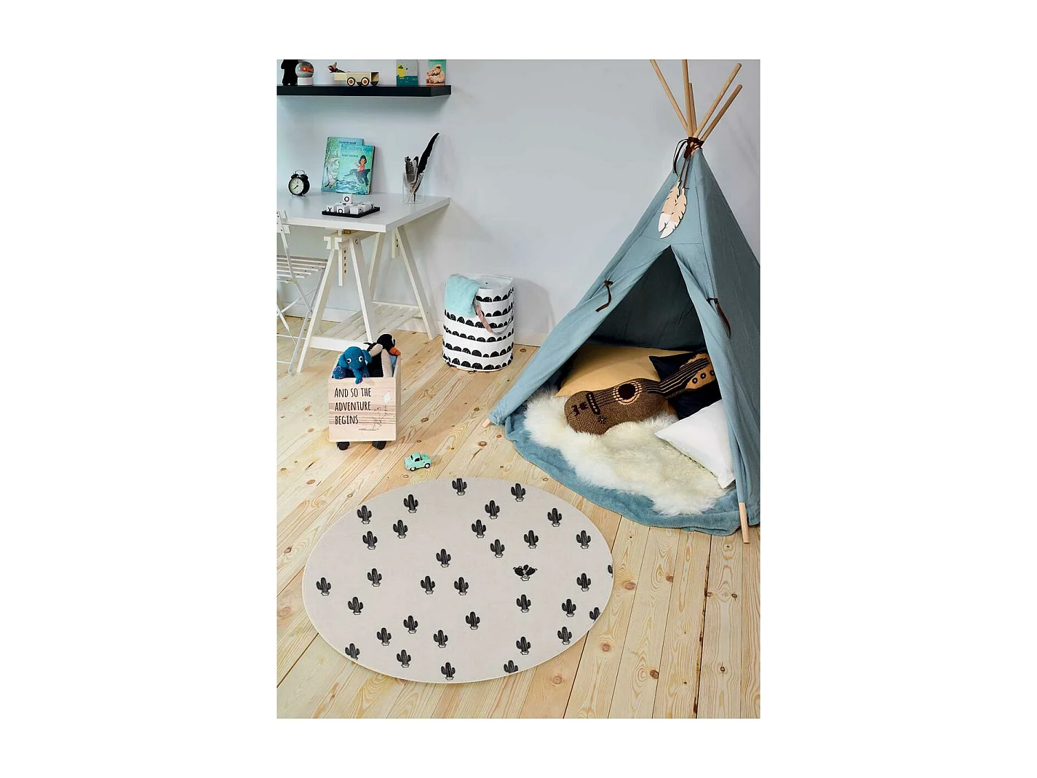 Tapis enfant Ø90cm rond tissé blanc PRICKLY