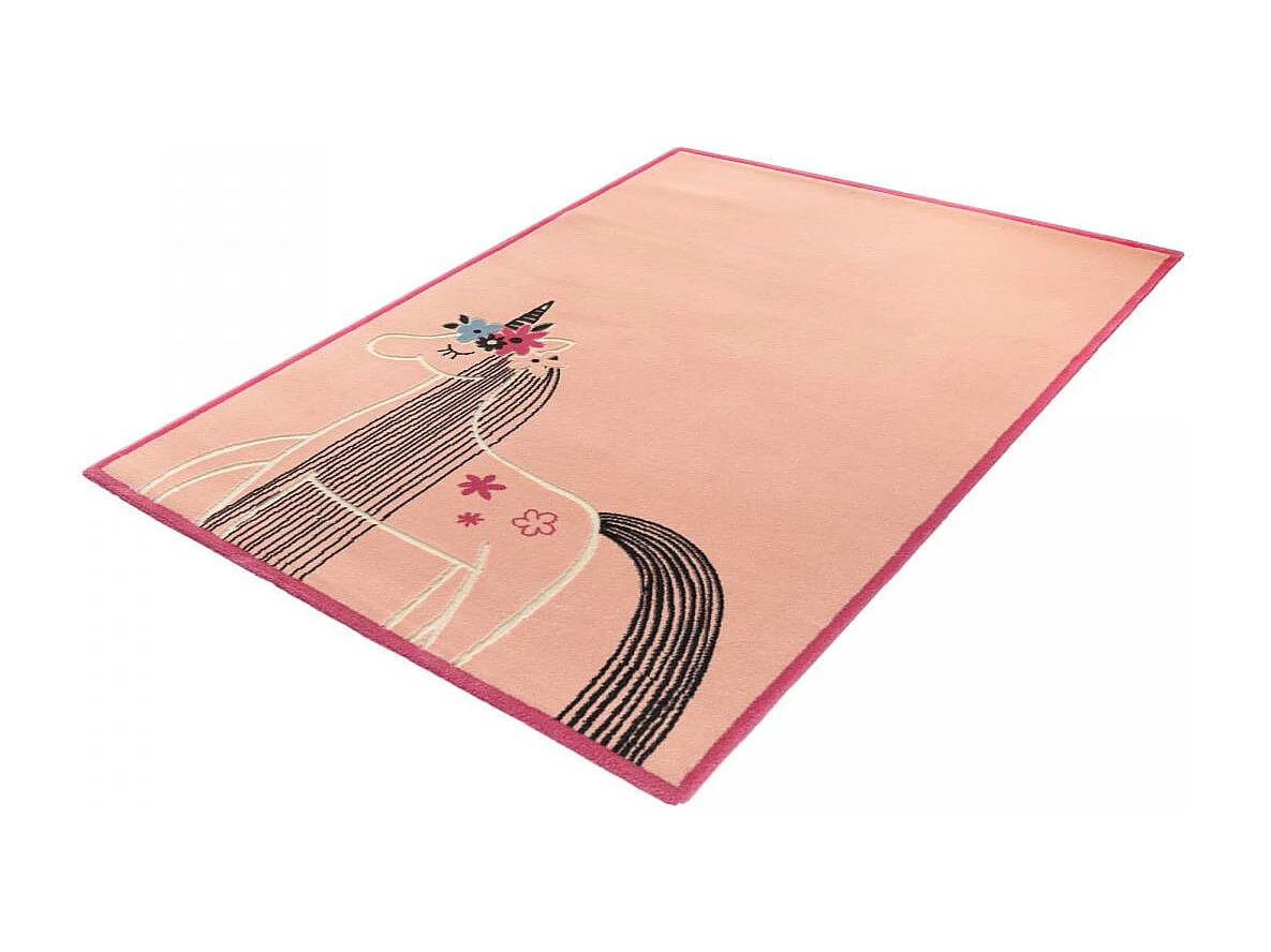 Tapis enfant 150x200 tissé rose et gris motif animaux UNICORNE