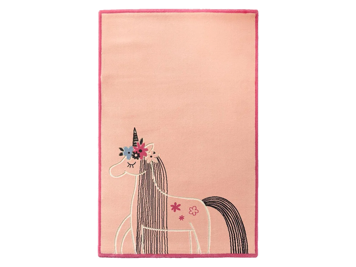 Tapis enfant 150x200 tissé rose et gris motif animaux UNICORNE