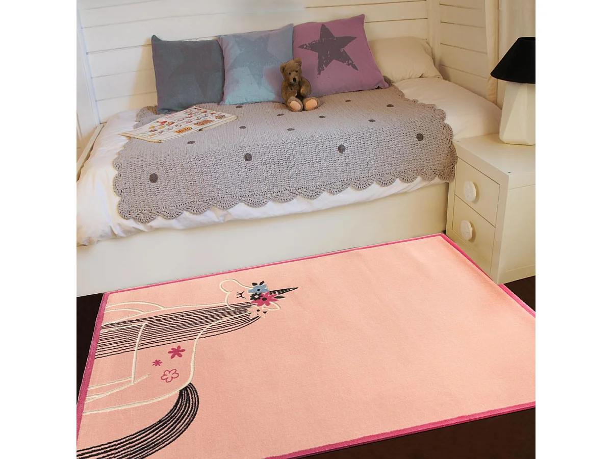 Tapis enfant 150x200 tissé rose et gris motif animaux UNICORNE