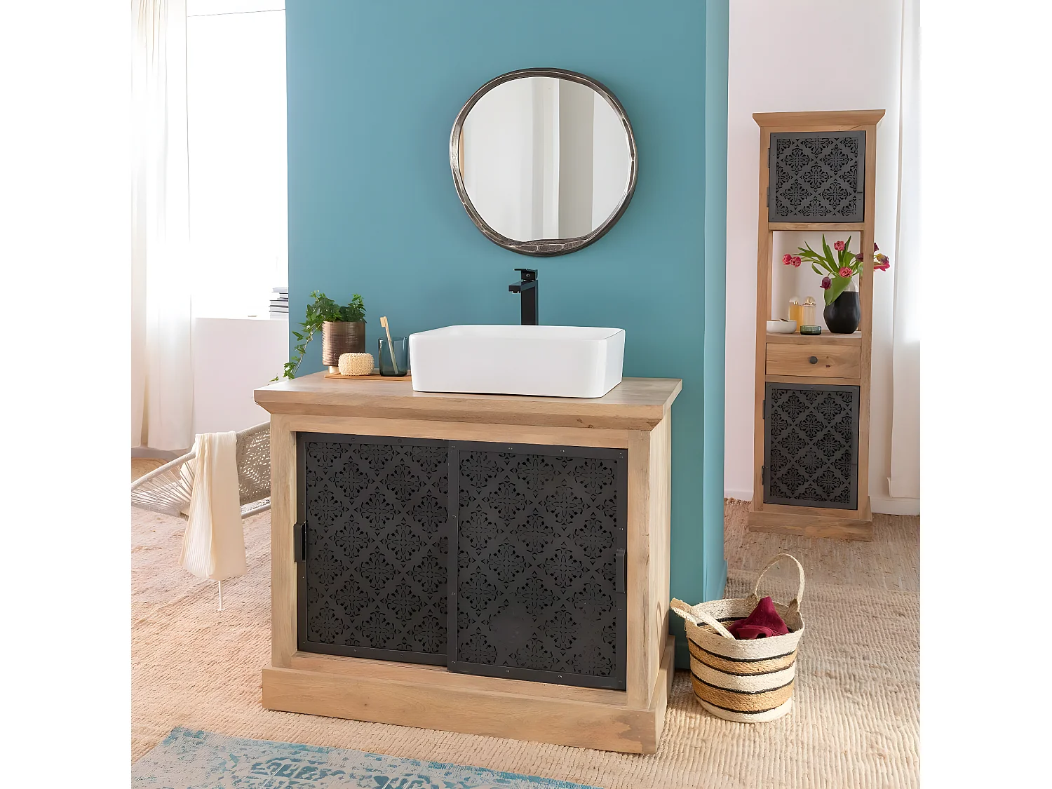 Petit meuble sous vasque en bois de manguier Sahara