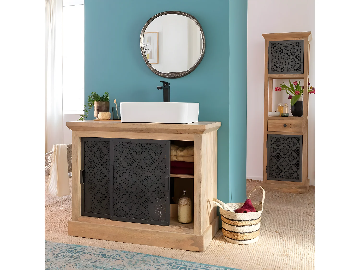 Petit meuble sous vasque en bois de manguier Sahara