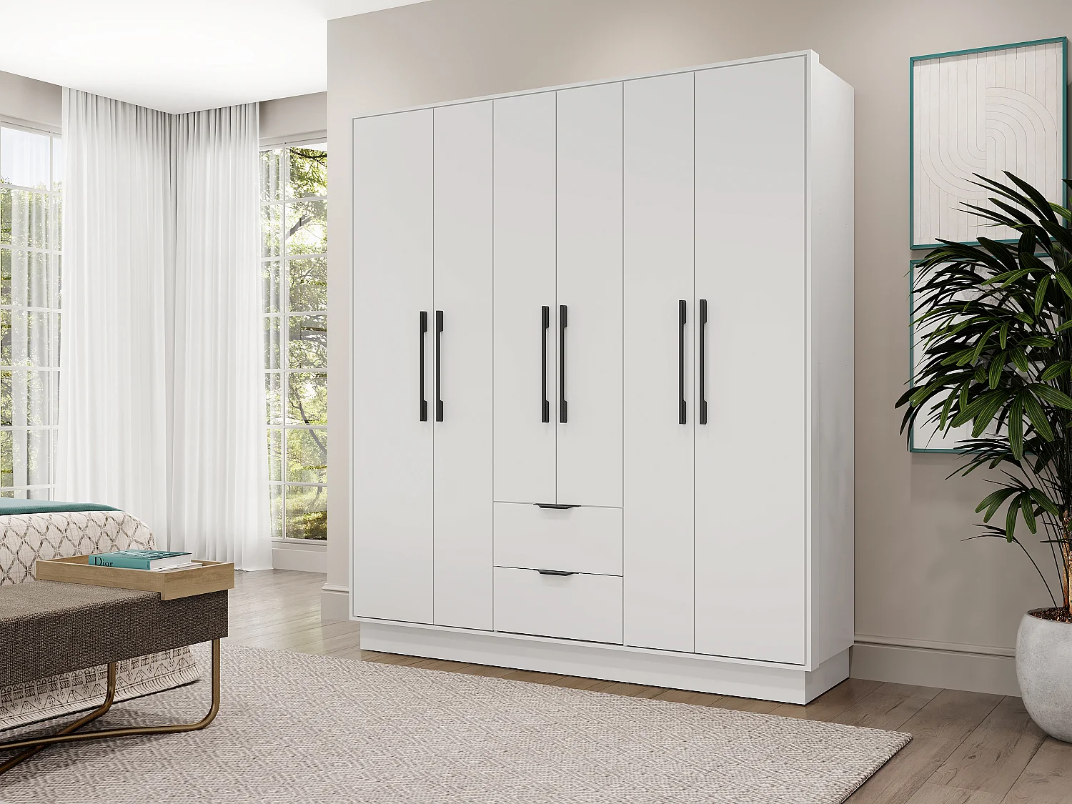 Armoire 6 portes et 2 tiroirs - L162 cm - Blanc - FEOVA