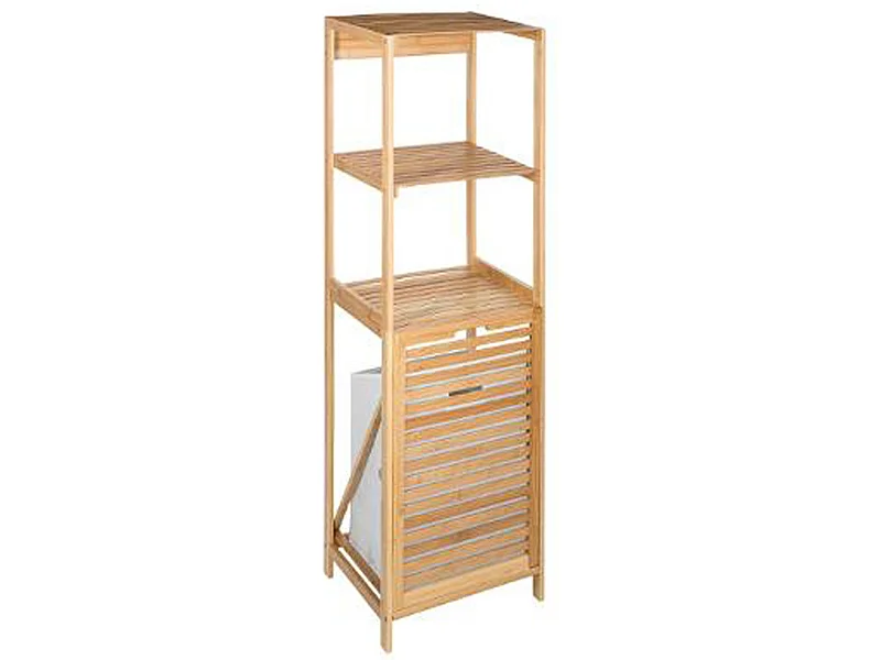 Etagère à 2 niveaux + panier à linge en bambou naturel - Dim : H.118 x l.35 x P.32 cm