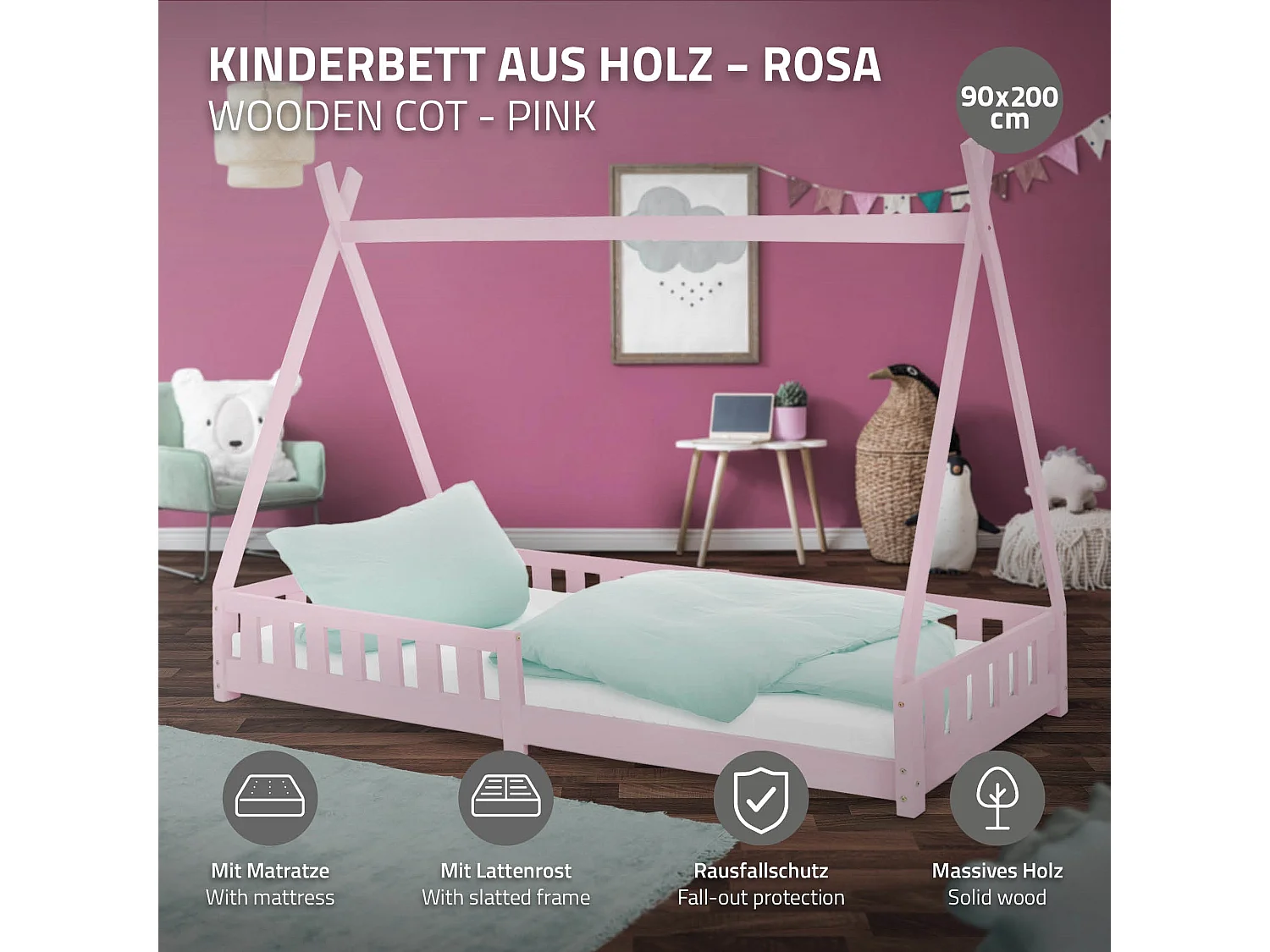 Lit d'enfants Tipi 90x200 cm rose style indien cadre en bois de pin massif avec matelas H:10 cm hypoallergénique housse amovible et sommier à lattes