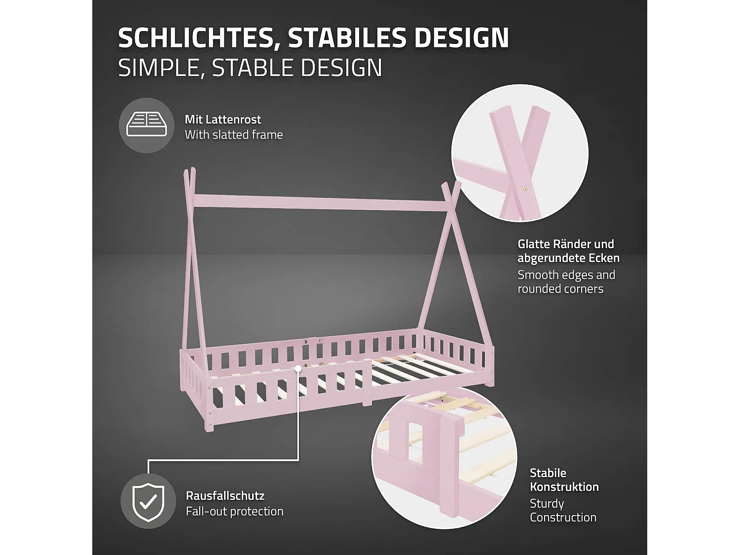 Lit d'enfants Tipi 90x200 cm rose style indien cadre en bois de pin massif avec matelas H:10 cm hypoallergénique housse amovible et sommier à lattes