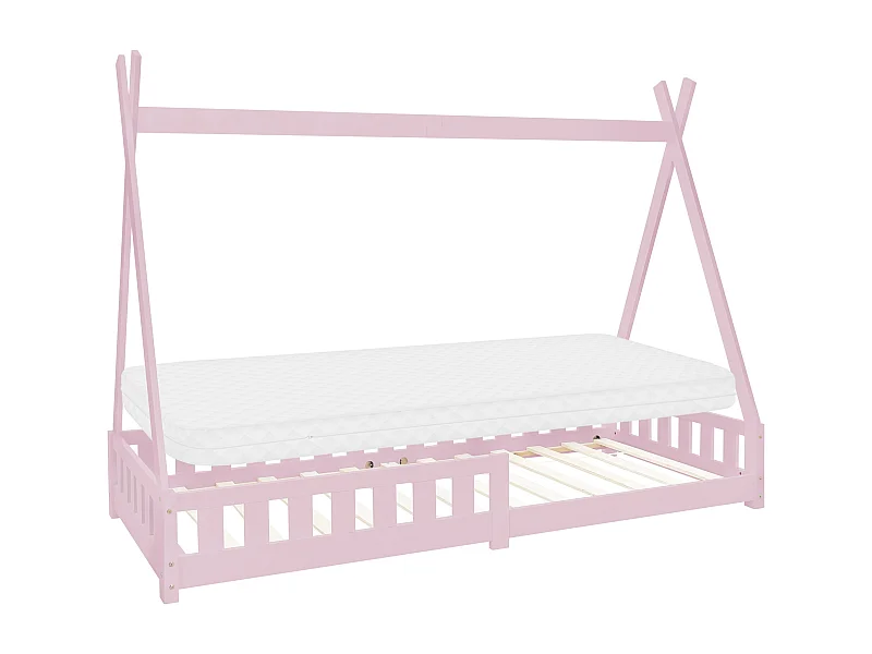 Lit d'enfants Tipi 90x200 cm rose style indien cadre en bois de pin massif avec matelas H:10 cm hypoallergénique housse amovible et sommier à lattes