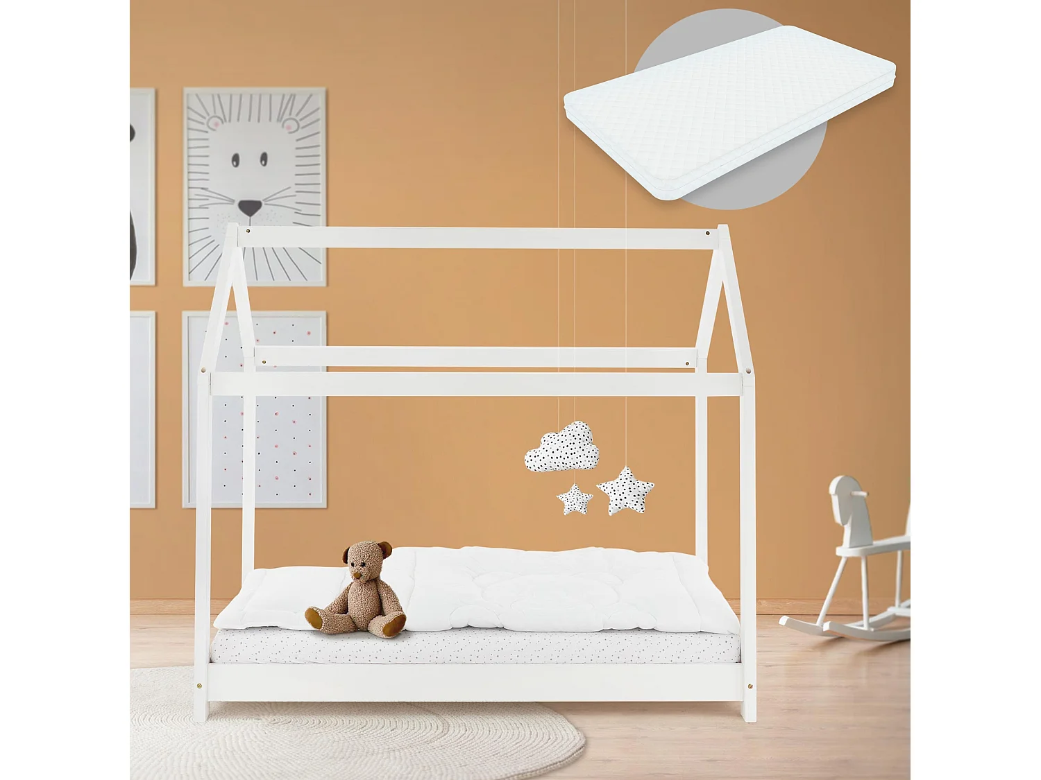 ML-Design Letto per bambini a forma di casa 70x140 cm bianco con materasso sfoderabile lavabile in schiuma fredda sponde anticaduta in legno di pino