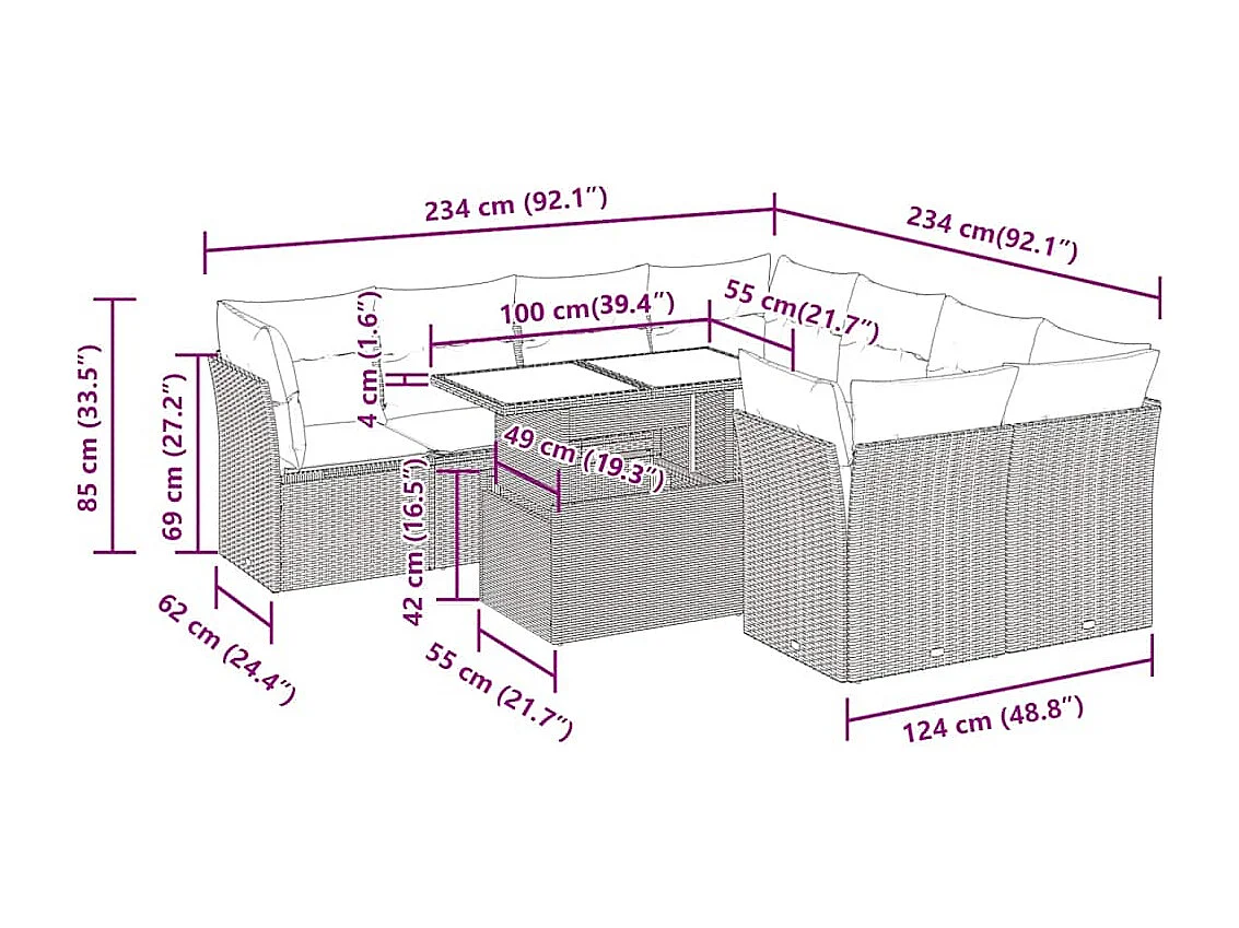 9 pcs conjunto sofás p/ jardim c/ almofadões vime PE castanho