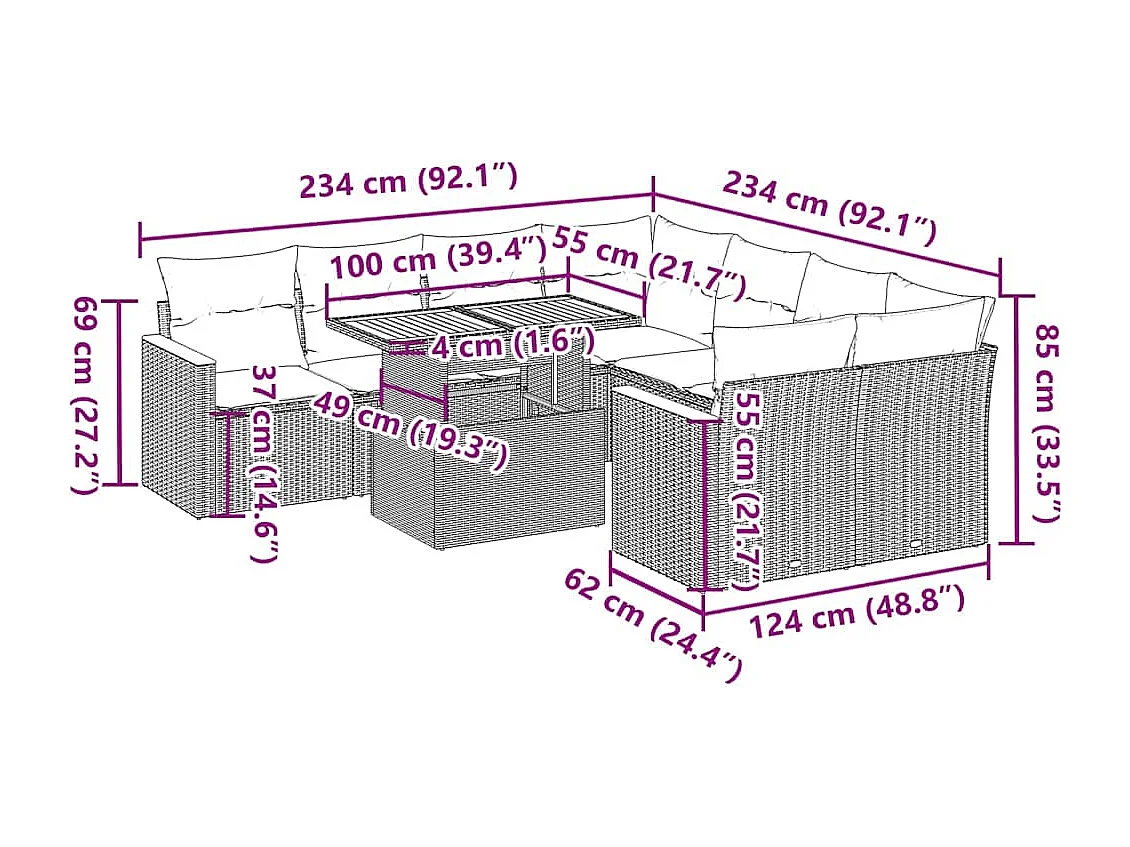 Set sofás jardín y cojines 9 pzas ratán sintético acacia beige