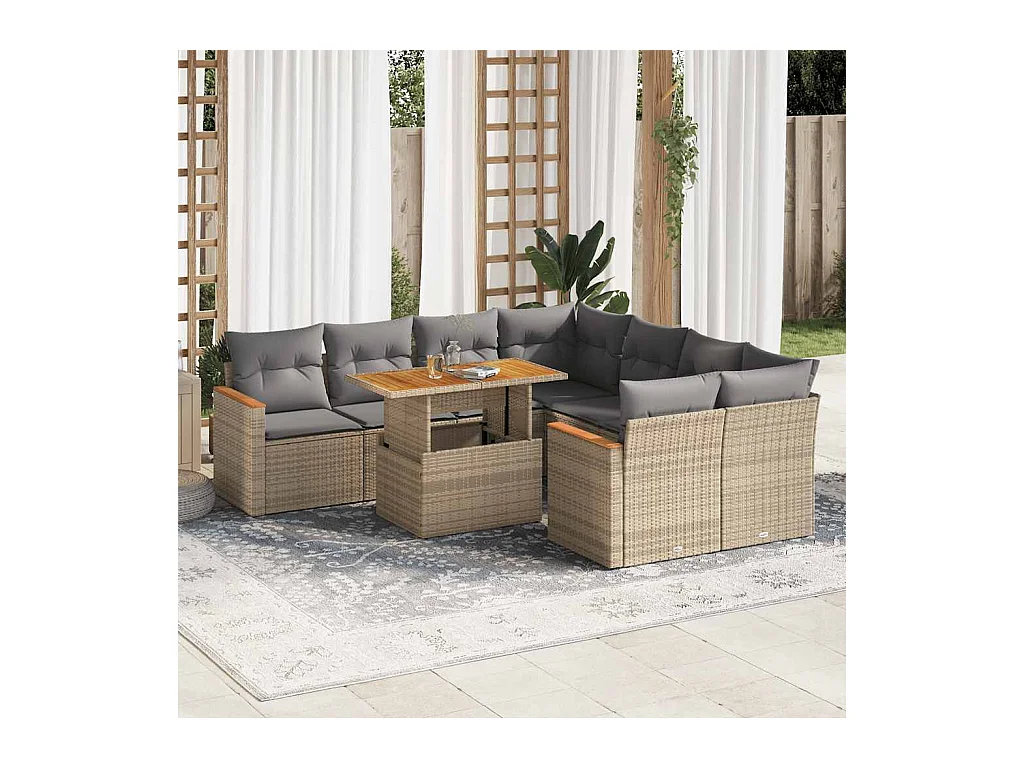 Salon de jardin avec coussins 9 pcs beige résine tressée acacia