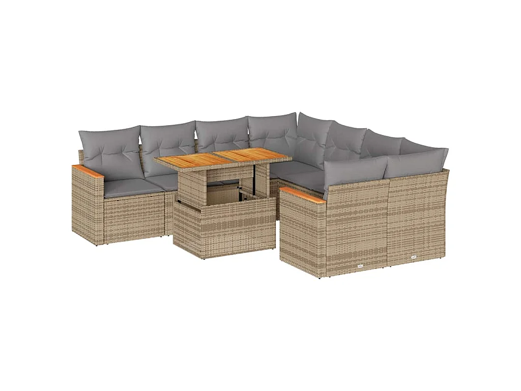 Salon de jardin avec coussins 9 pcs beige résine tressée acacia
