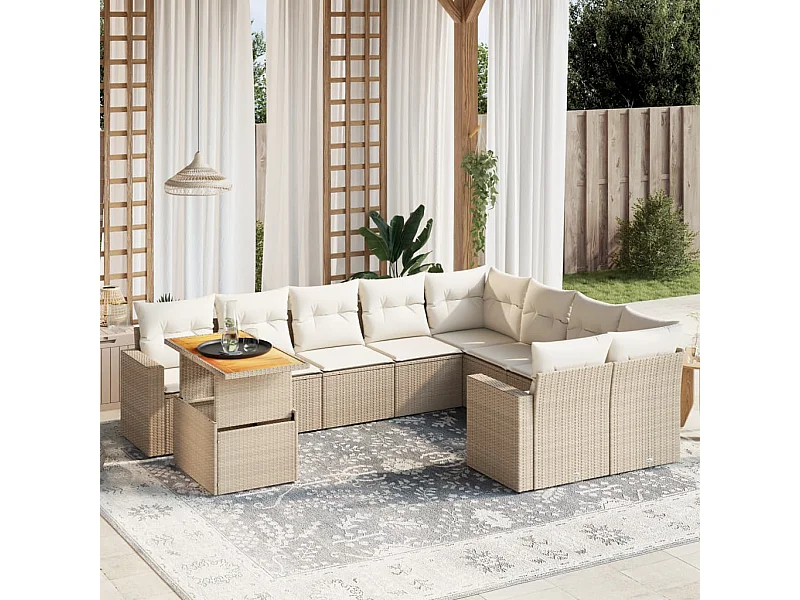 10-tlg. Garten-Sofagarnitur mit Kissen Beige Poly Rattan