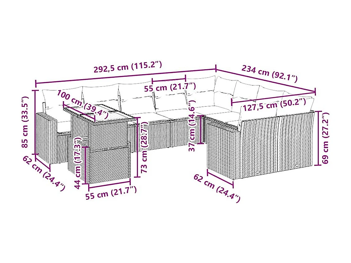 Set Divano da Giardino 10 pz con Cuscini Beige in Polyrattan