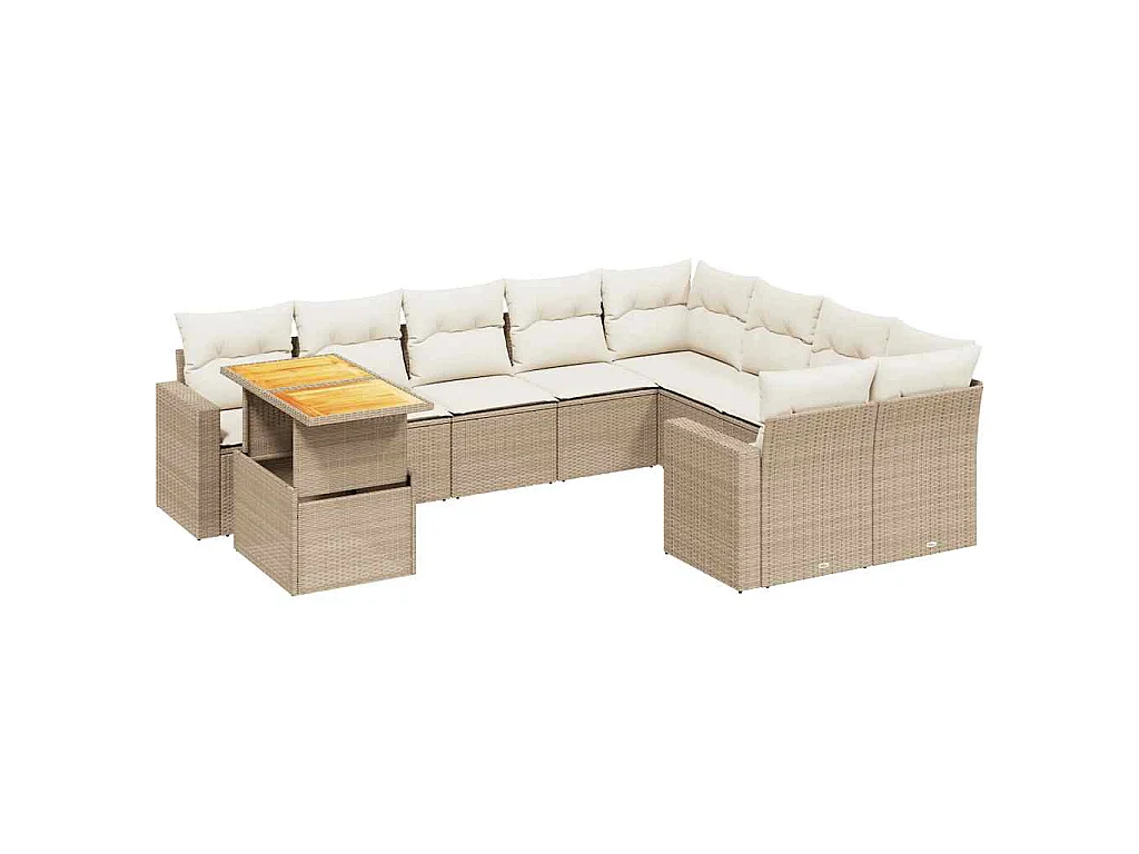 10-delige Loungeset met kussens poly rattan beige