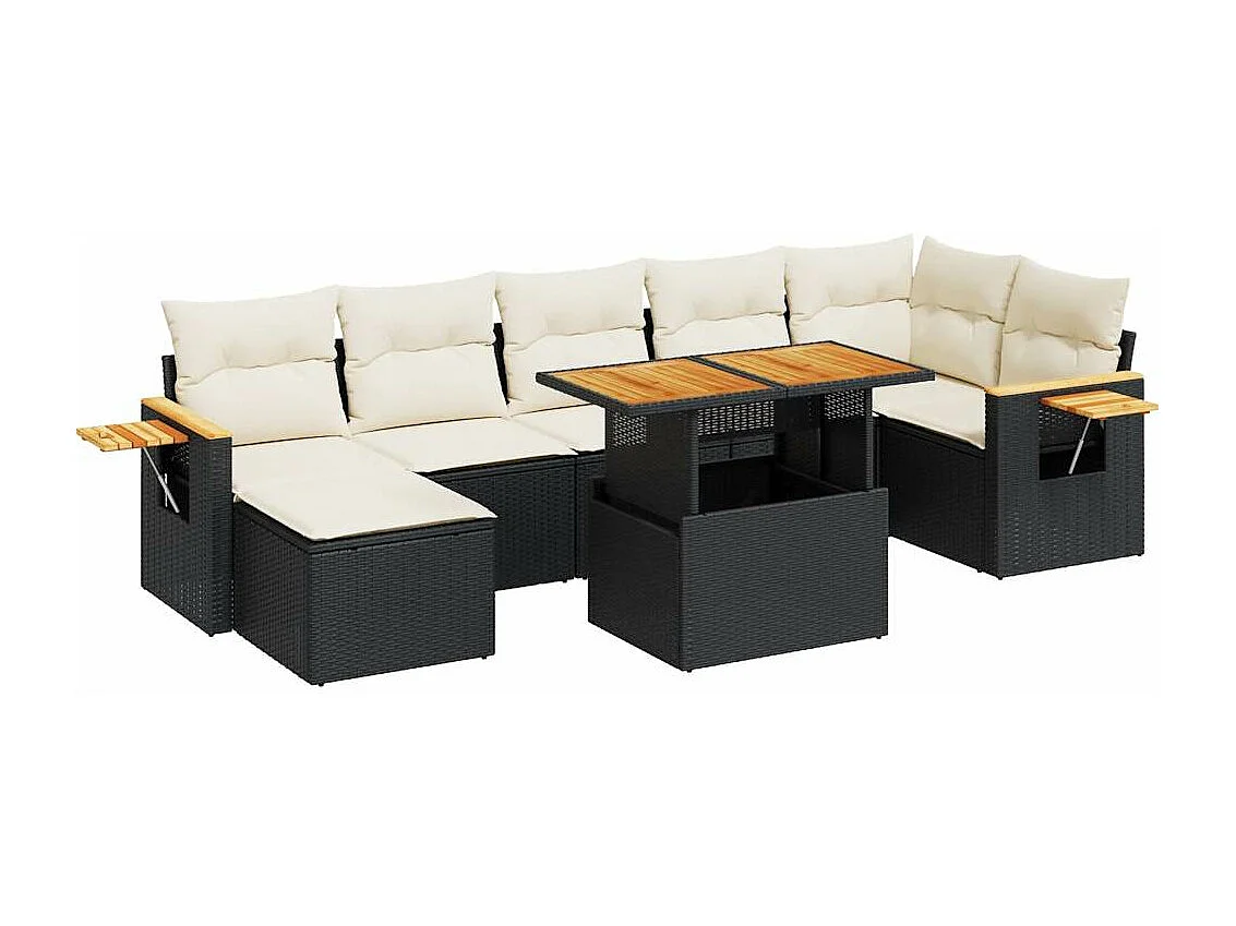 8 pcs conjunto sofás jardim com almofadões vime PE/acácia preto