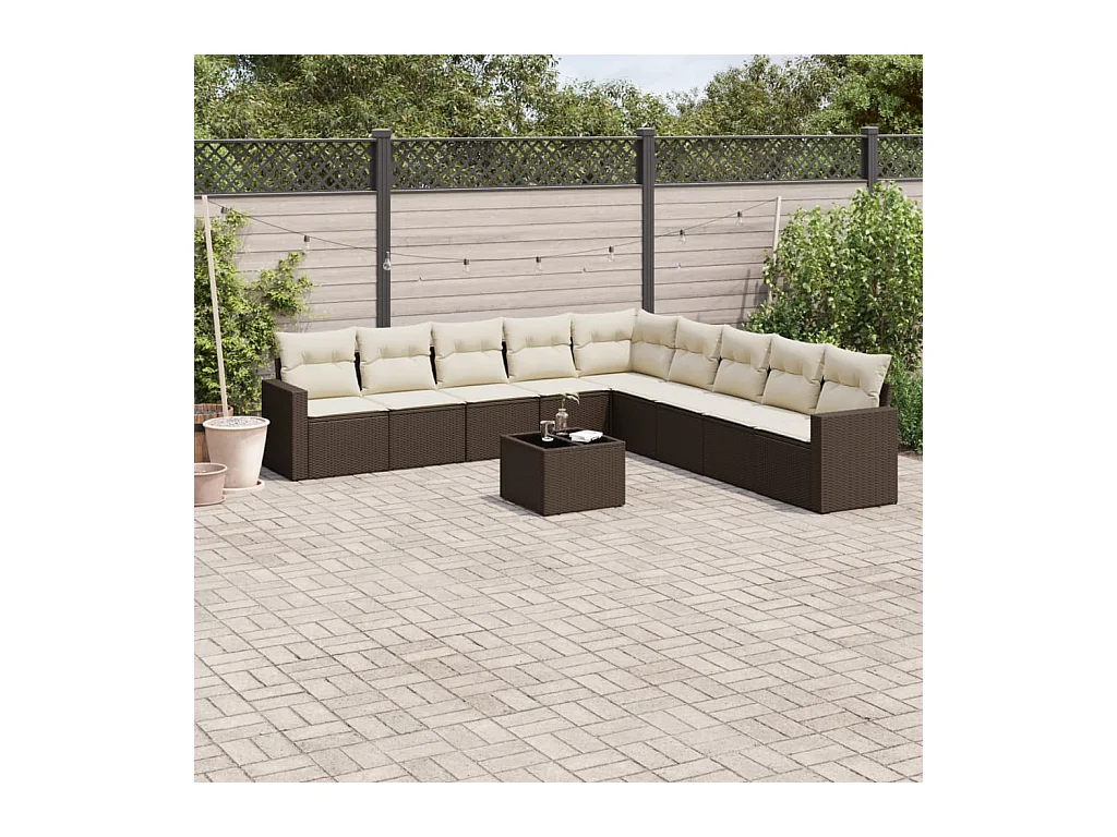 10-delige Loungeset met kussens poly rattan bruin