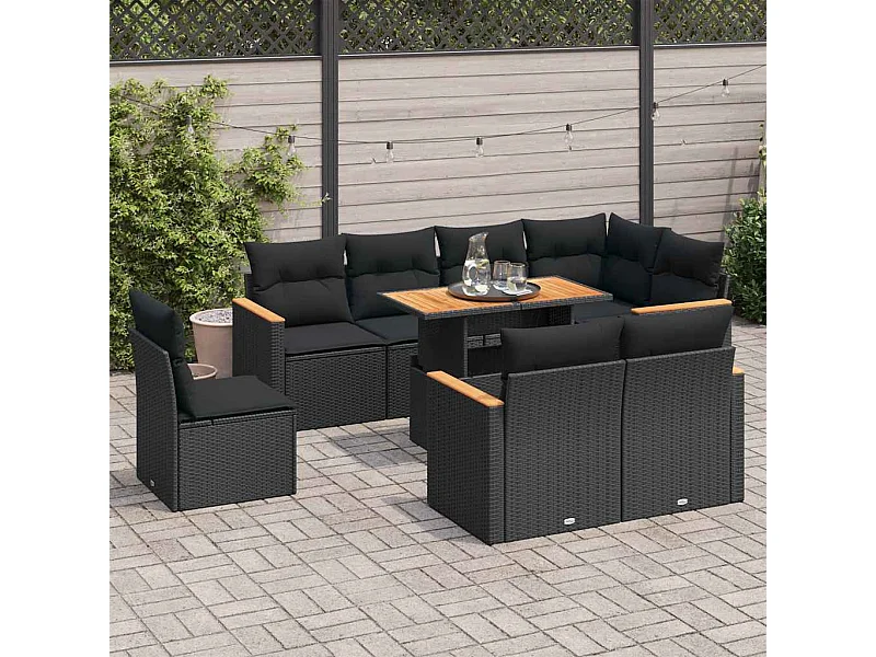 Set Divani da Giardino 9 pz con Cuscini Nero Polyrattan Acacia