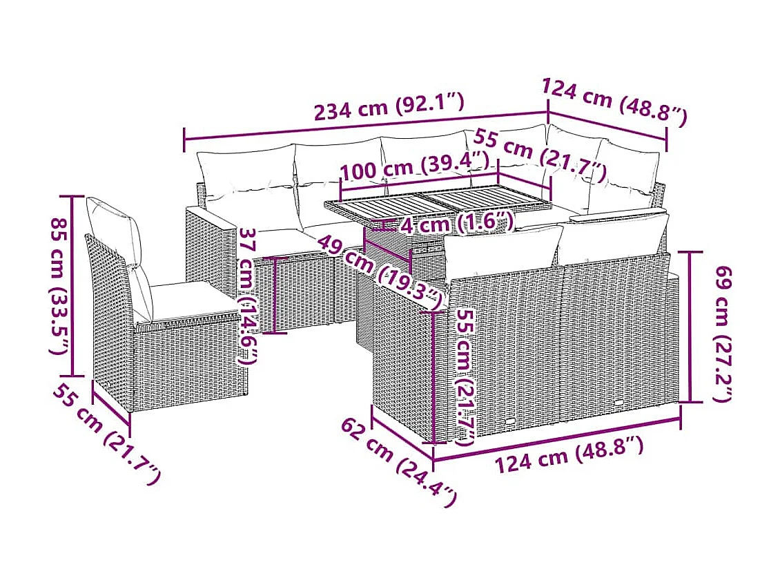9-tlg. Garten-Sofagarnitur mit Kissen Schwarz Poly Rattan