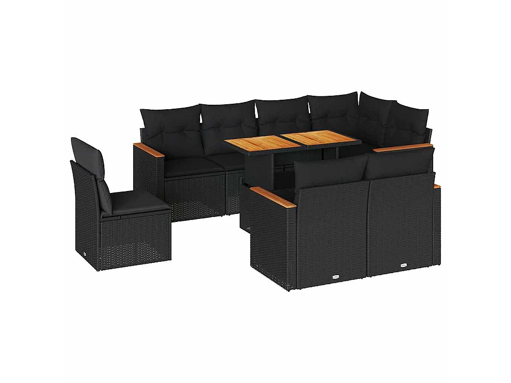 9-tlg. Garten-Sofagarnitur mit Kissen Schwarz Poly Rattan