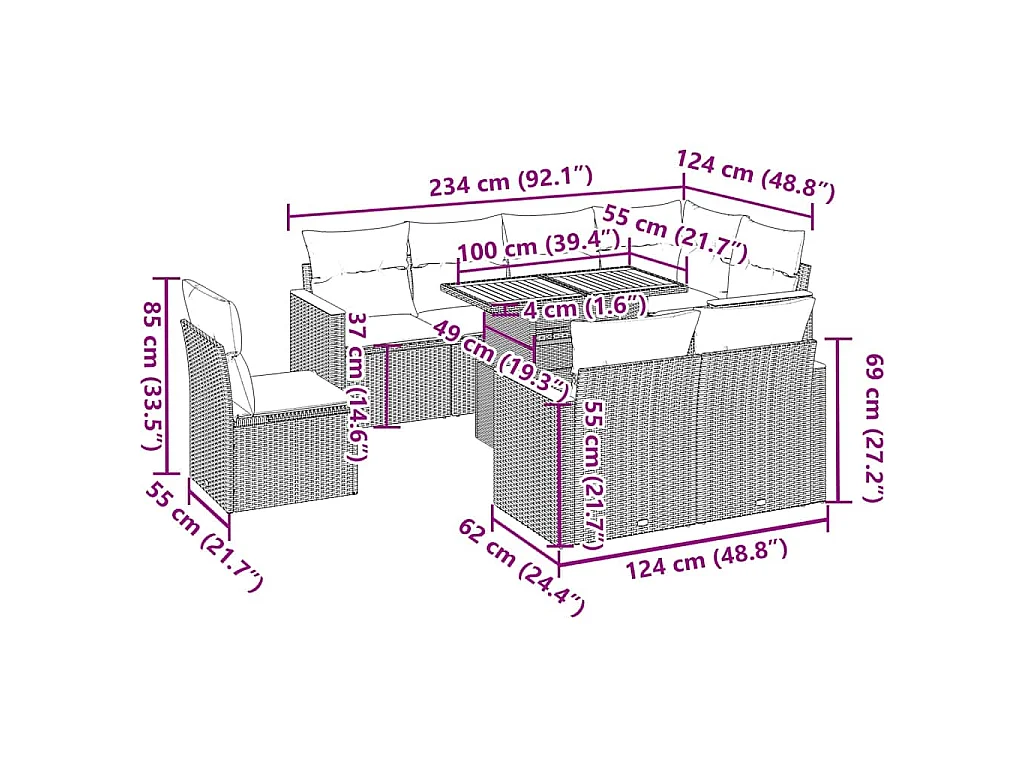 9-tlg. Garten-Sofagarnitur mit Kissen Schwarz Poly Rattan