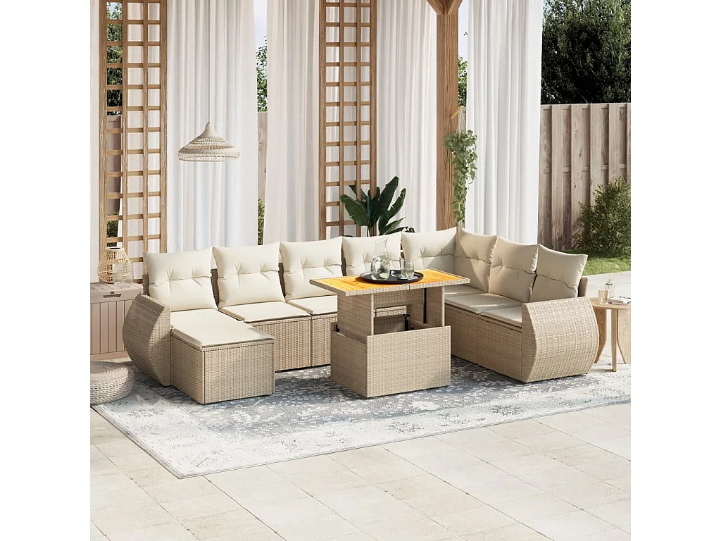 Salon de jardin avec coussins 9 pcs beige résine tressée