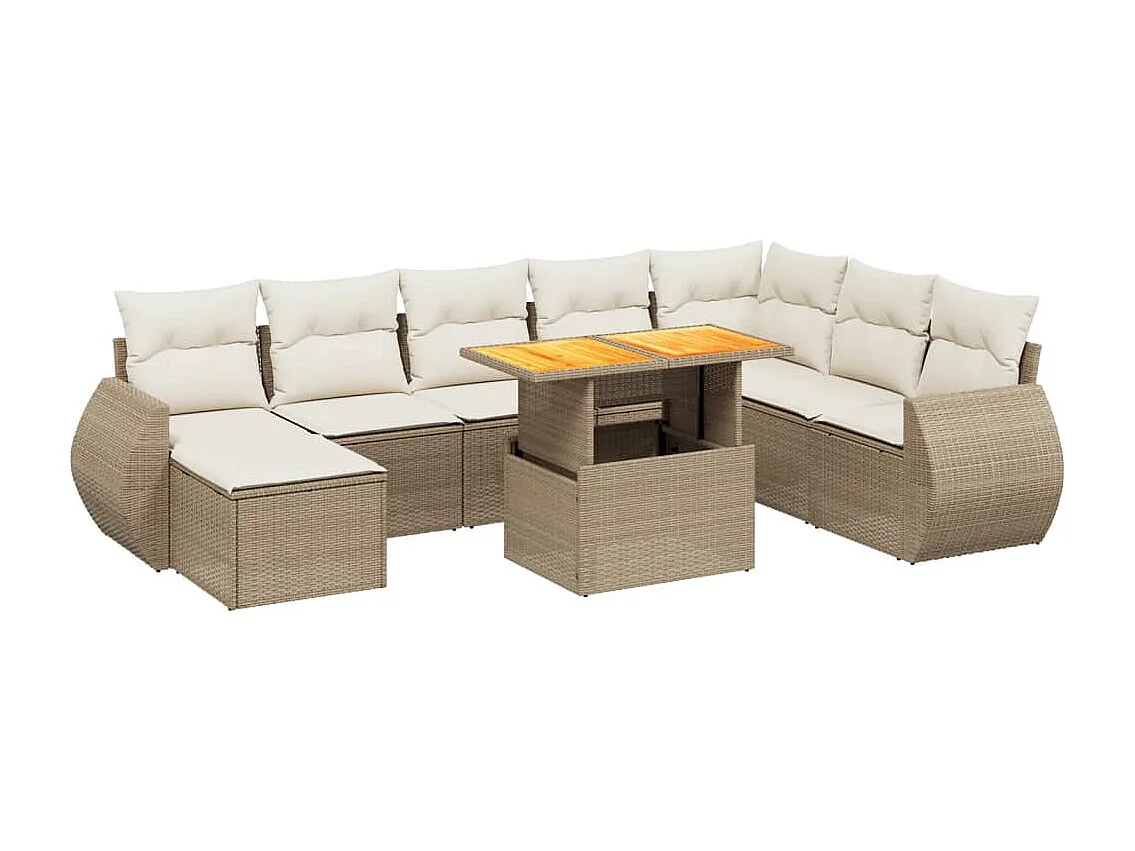 Salon de jardin avec coussins 9 pcs beige résine tressée