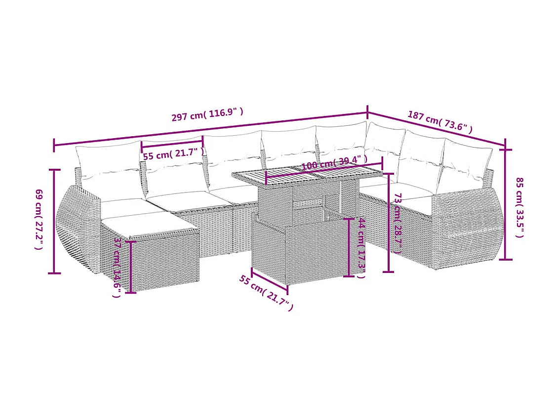Salon de jardin avec coussins 9 pcs beige résine tressée
