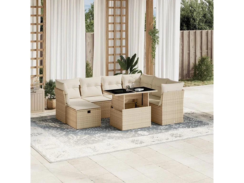 Set Divano da Giardino 8 pz con Cuscini Beige in Polyrattan