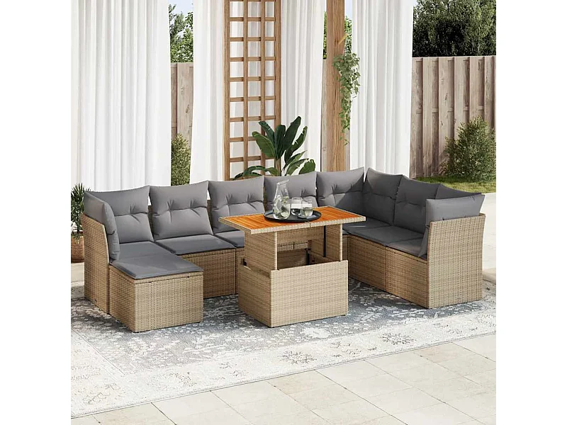 9-tlg. Garten-Sofagarnitur mit Kissen Beige Poly Rattan