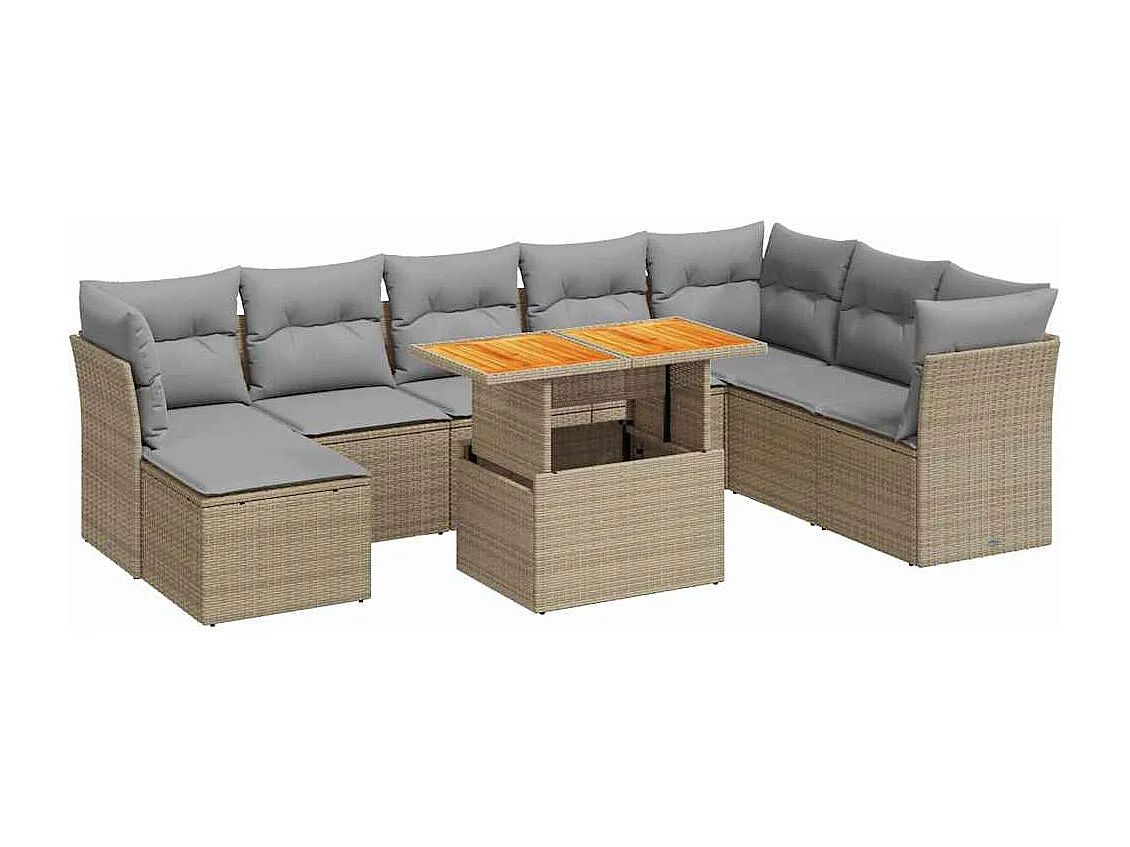 9-tlg. Garten-Sofagarnitur mit Kissen Beige Poly Rattan