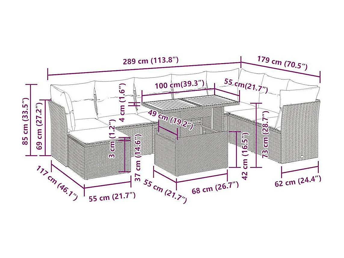 9-tlg. Garten-Sofagarnitur mit Kissen Beige Poly Rattan
