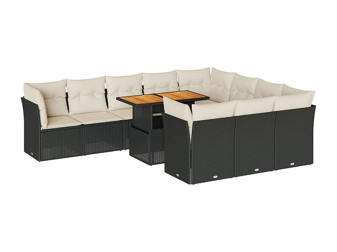 11-tlg. Garten-Sofagarnitur mit Kissen Schwarz Poly Rattan