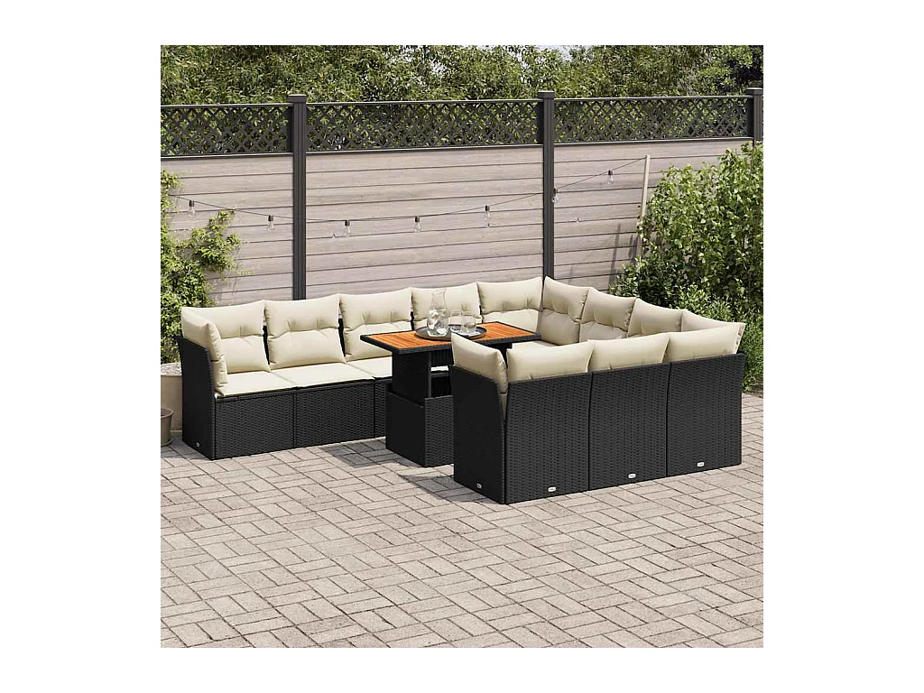 Salon de jardin 11 pcs avec coussins noir résine tressée