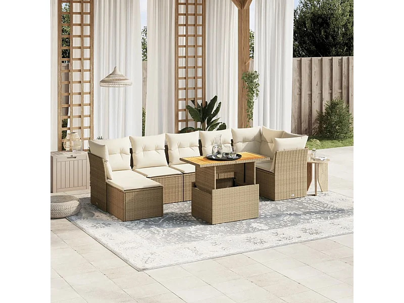 Salon de jardin avec coussins 8 pcs beige résine tressée