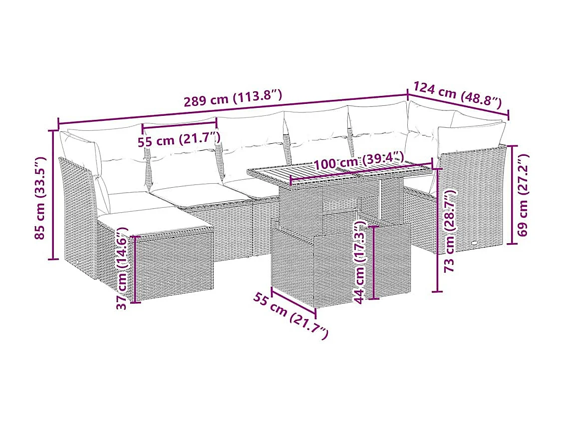 Salon de jardin avec coussins 8 pcs beige résine tressée