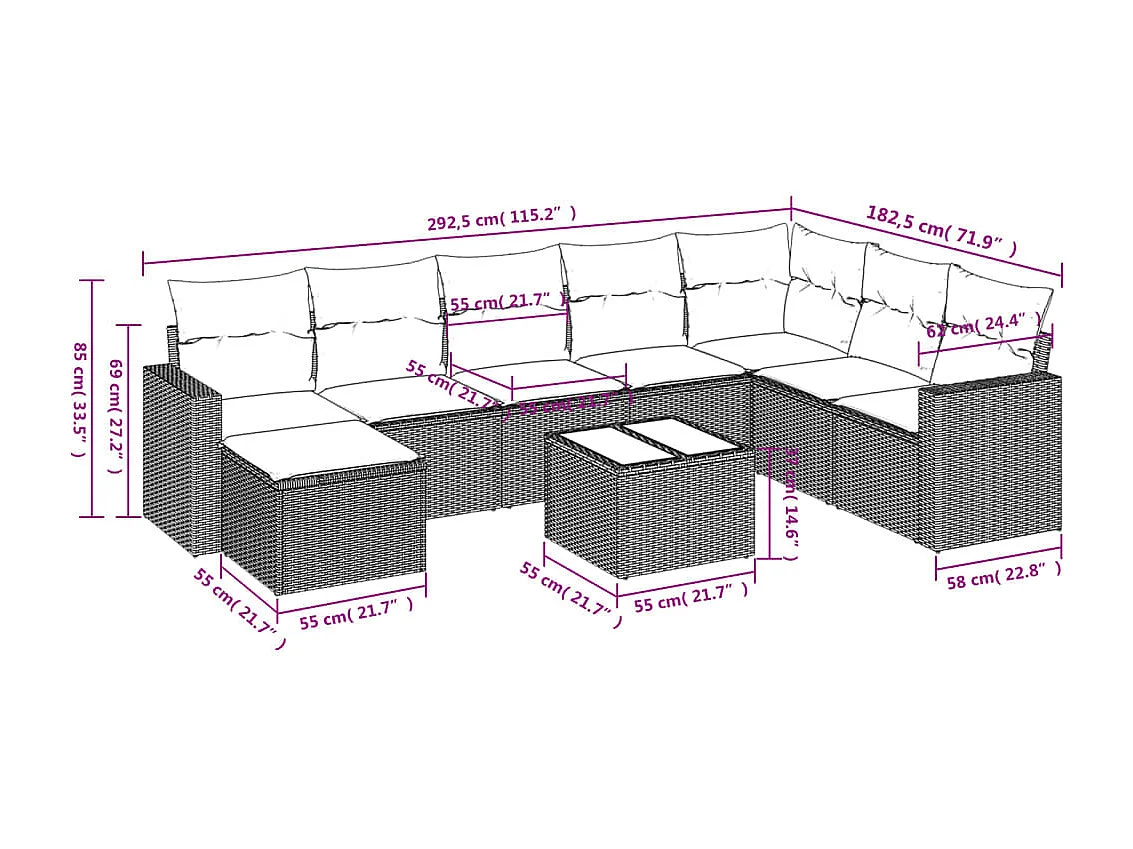 9 pcs conjunto sofás p/ jardim c/ almofadões vime PE castanho